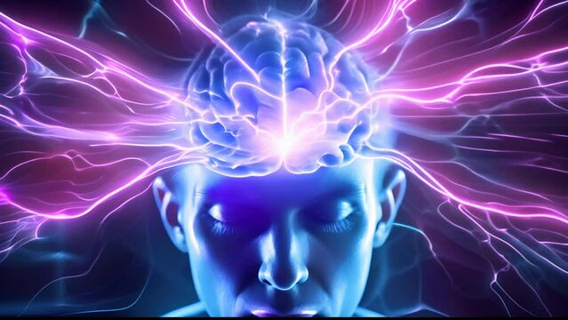 brain neuron activity, neural connections, energy emission, illustration of thinking process