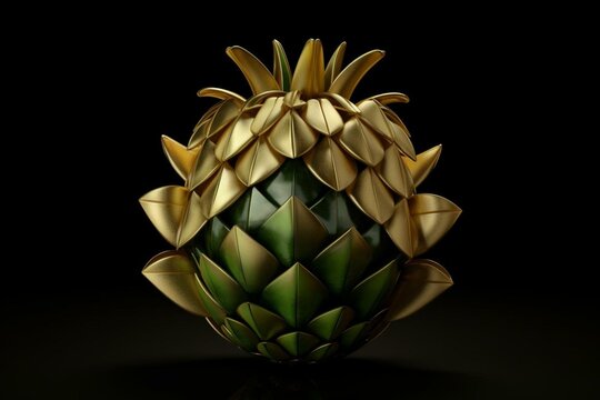 3D illustration of a golden ketupat on a black background. Generative AI