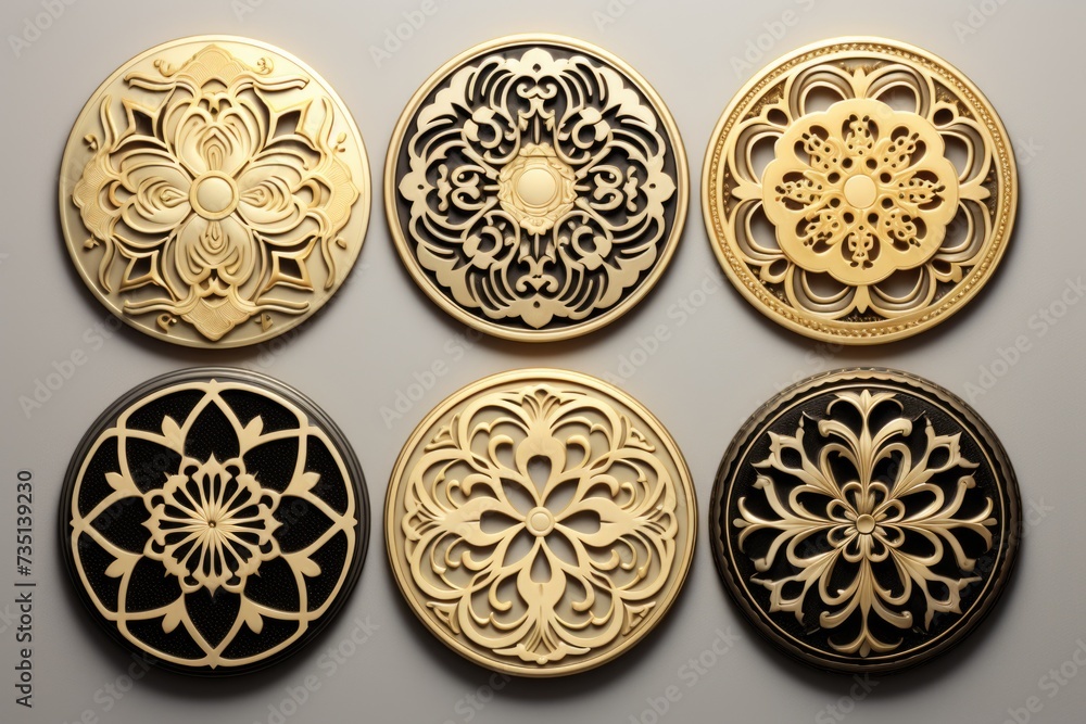 Poster a close up of a plate featuring a variety of different designs. this versatile image can be used for