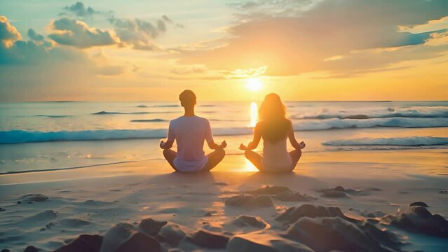 couple on the beach meditate by the ocean looking at the sunset, sunrise