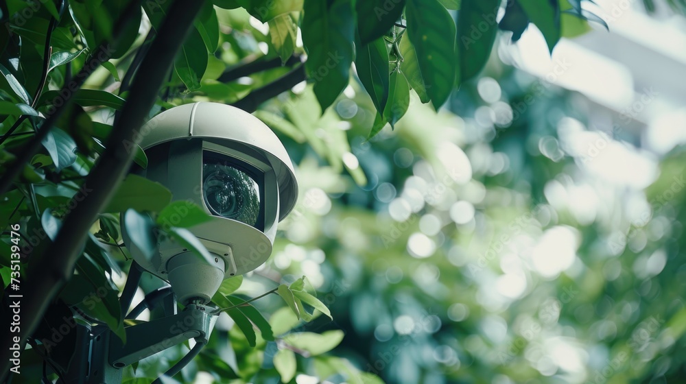 Poster A security camera positioned in the middle of a tree. Ideal for surveillance and monitoring purposes