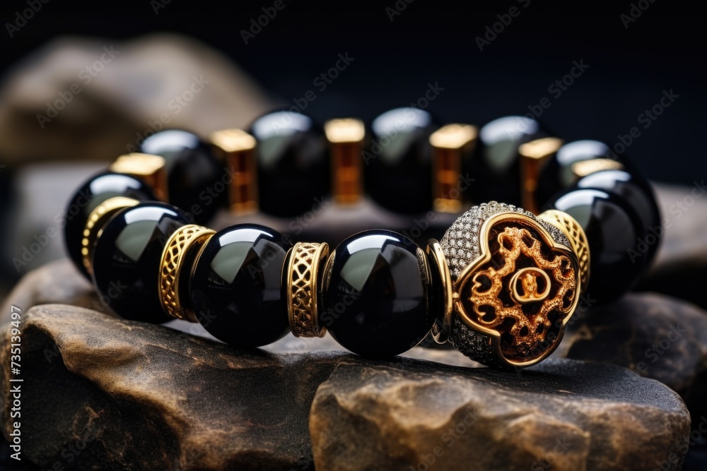 Poster a close-up view of a bracelet placed on a rock. this image can be used for jewelry advertisements or