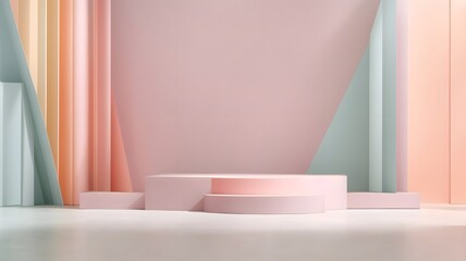 Minimalist pastel-colored podium wall scene with geometric shapes, ideal for product presentations, mockups, and promotional displays