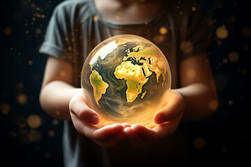 small children's hands holding the luminous globe