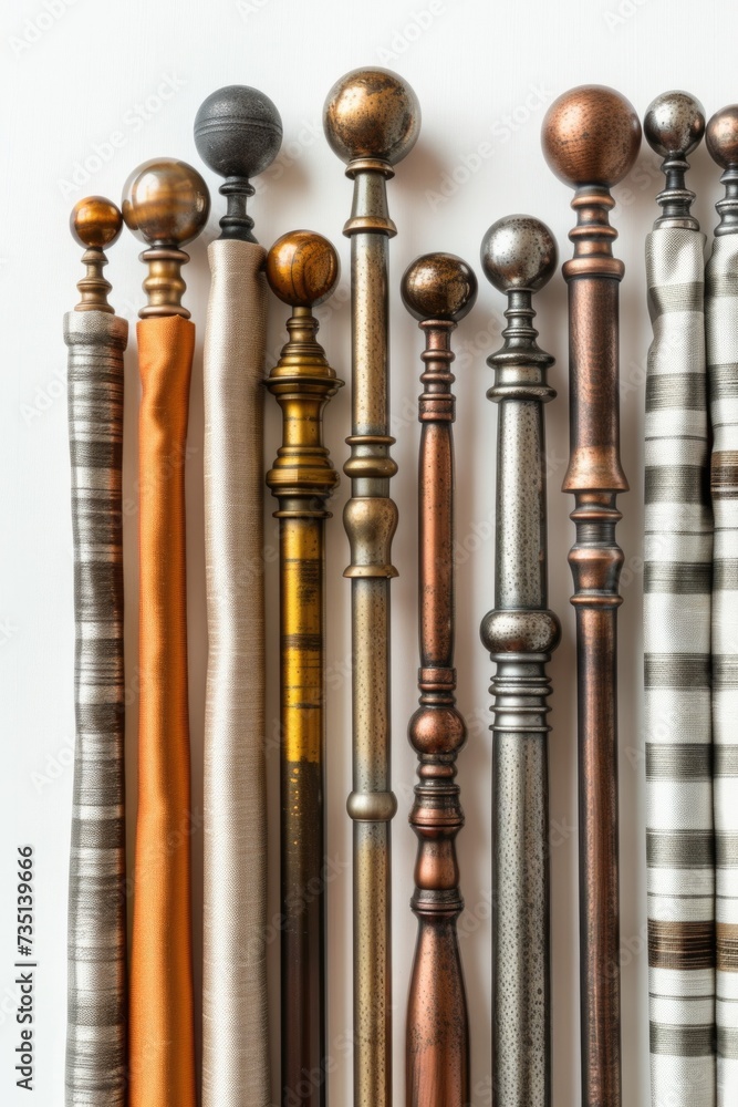 Poster A row of different colored curtain rods on a white wall. Perfect for adding a pop of color and style to any room