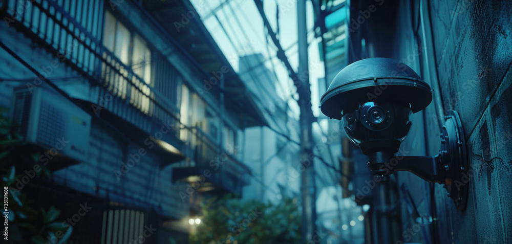 Poster A camera is securely mounted on the side of a building. This image can be used to depict surveillance, security systems, or monitoring activities