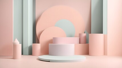 Minimalist pastel-colored podium wall scene with geometric shapes, ideal for product presentations, mockups, and promotional displays