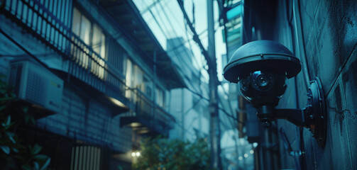 A camera is securely mounted on the side of a building. This image can be used to depict surveillance, security systems, or monitoring activities