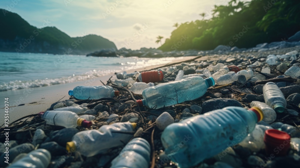 Poster a beach covered in plastic bottles. this image can be used to raise awareness about plastic pollutio