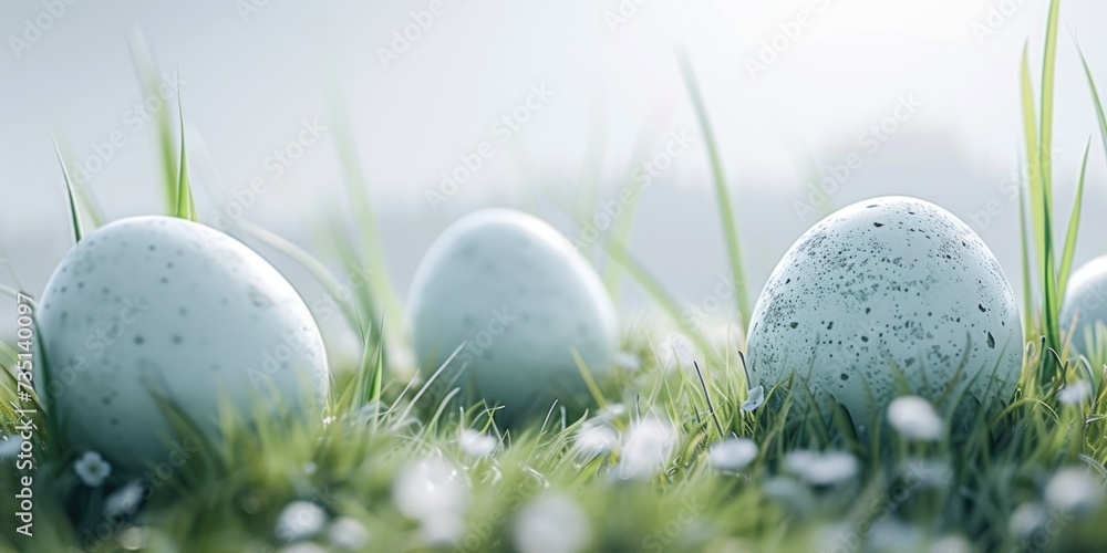 Poster a group of eggs sitting on top of a lush green field. this picture can be used to represent new begi