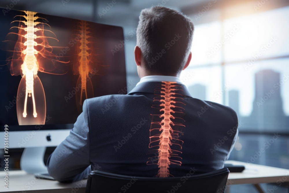 Poster A man sitting at a desk in front of a computer. Can be used for business, technology, or remote work concepts