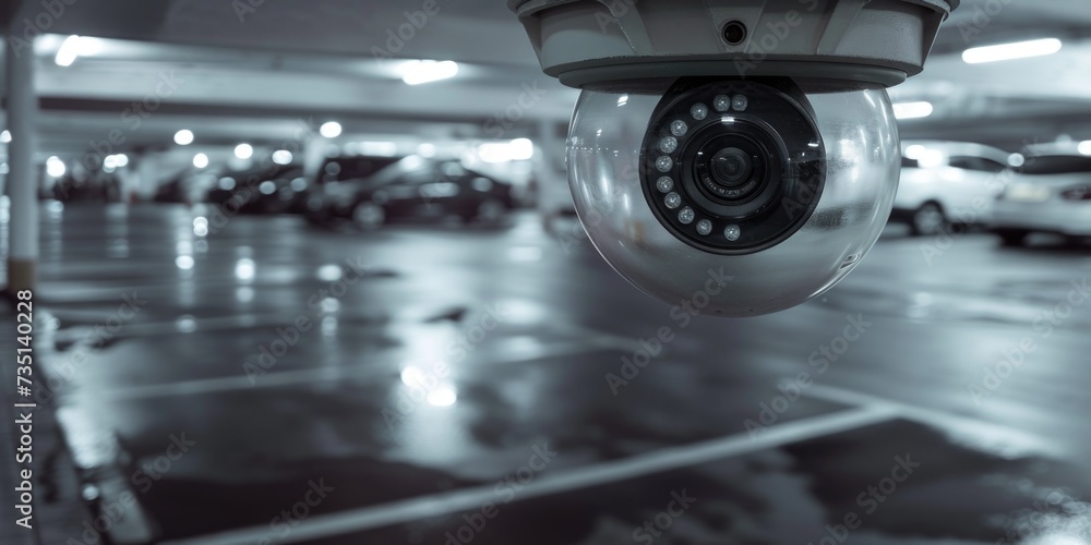 Poster a surveillance camera capturing activity in a parking garage. perfect for enhancing security and mon