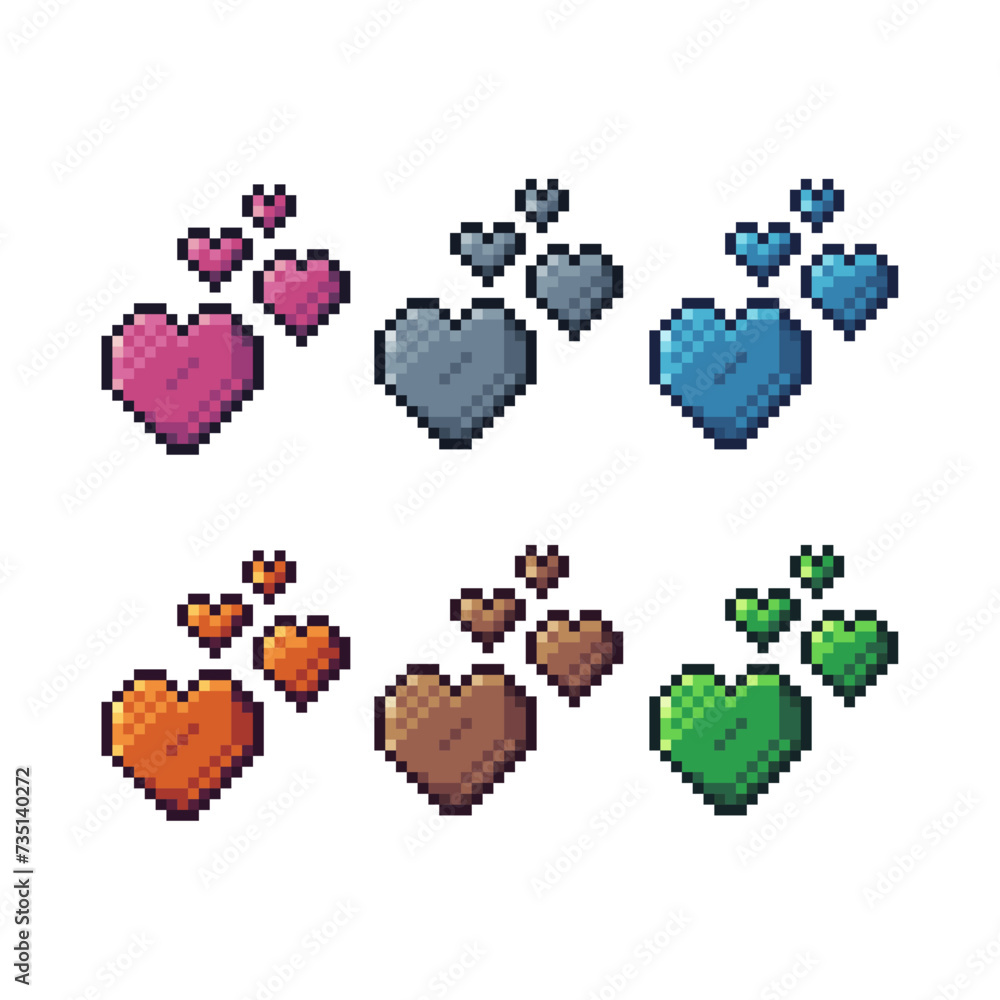 Poster Pixel art sets icon of heart in variation color.Heart icon on pixelated style. 8bits perfect for game asset or design asset element for your game design. Simple pixel art icon asset.