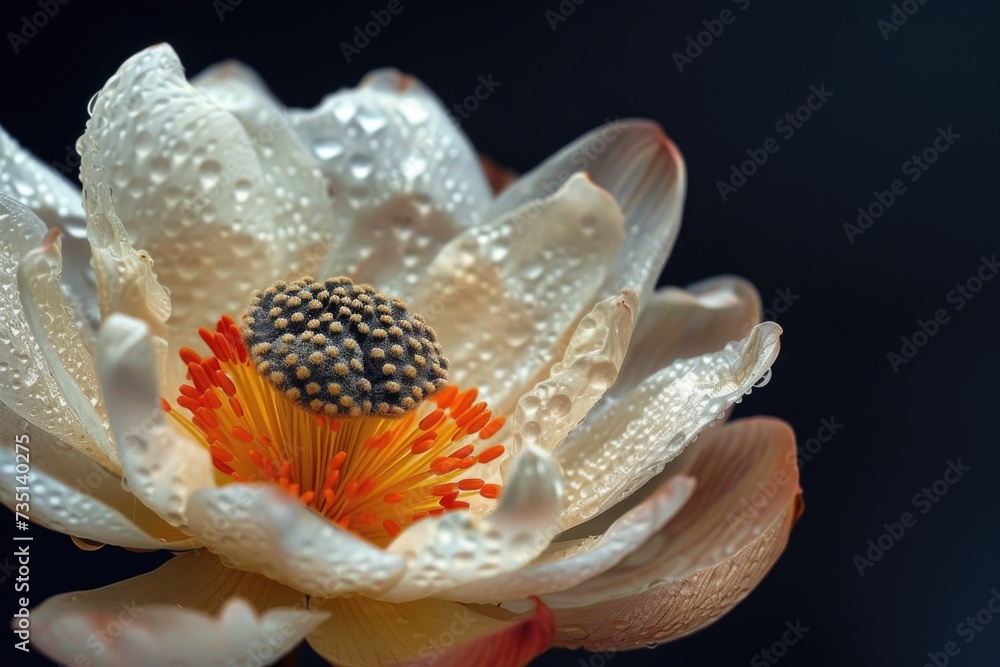 Poster a detailed close-up of a flower with glistening water droplets. perfect for adding a touch of nature