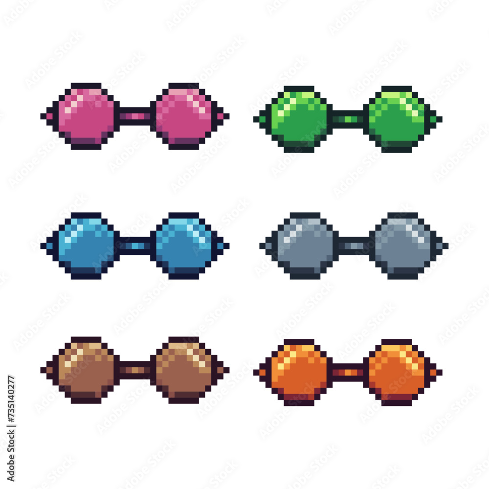 Poster Pixel art sets icon of glasses in variation color. Glasses icon on pixelated style. 8bits perfect for game asset or design asset element for your game design. Simple pixel art icon asset.