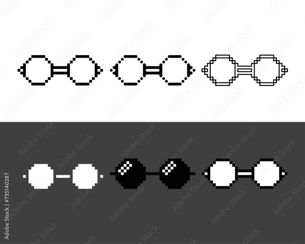 Poster pixel art outline sets icon of glasses in variation color. glasses icon on pixelated style. 8bits pe