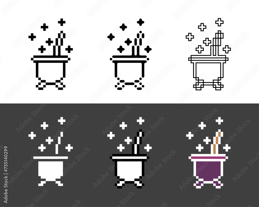 Poster pixel art outline sets icon of witch cauldron in variation color.wizard icon on pixelated style. 8bi