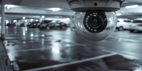 Fototapeta premium A surveillance camera capturing activity in a parking garage. Perfect for enhancing security and monitoring in parking facilities