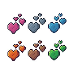 Pixel art sets icon of heart in variation color.Heart icon on pixelated style. 8bits perfect for game asset or design asset element for your game design. Simple pixel art icon asset.
