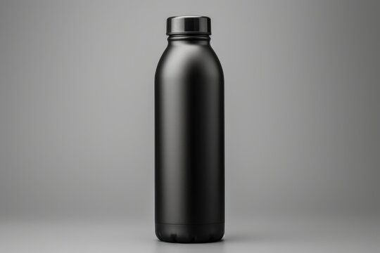 A black water bottle is pictured on a gray background. Suitable for promoting hydration and fitness products