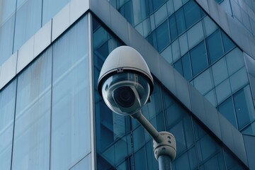 Close up of a camera on a pole near a building. Suitable for surveillance or security concepts