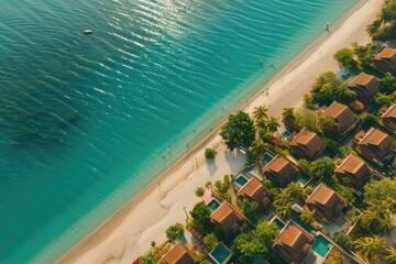 A picturesque aerial view of a beach with numerous houses. Perfect for travel brochures or real estate advertisements