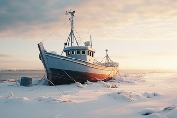 Fototapeta premium A boat sitting in a snowy landscape. Can be used to depict winter activities or abandoned objects in harsh weather