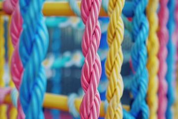 A close-up shot of a colorful rope with a blurry background. Perfect for adding a pop of color and texture to any design or project
