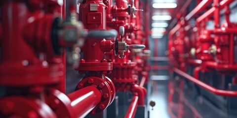A collection of red pipes and valves in a room. Suitable for industrial and plumbing-related themes