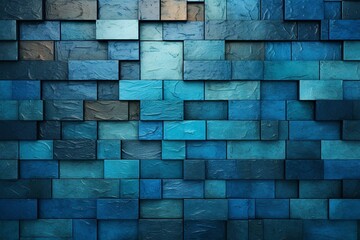 Arrangement of tiles forms a glossy 3D wall with blue patina. Textured background of rectangular blocks. Rendered in 3D. Generative AI - obrazy, fototapety, plakaty