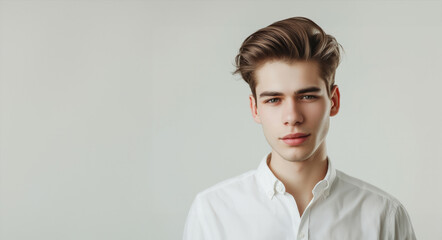 Trendy young man with cool hairstyle. Portrait of young male fashion model. young man looking at camera. High Fashion male model posing.