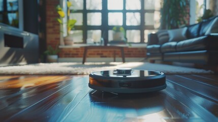 A robotic vacuum cleaner on the floor of a living room. Suitable for home cleaning and automation concepts