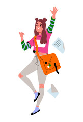 Happy jumping student concept. Girl in casual clothes with backpack. Education, learning and training. College, school or university. Cartoon flat vector illustration isolated on white background