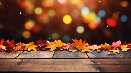 Naklejka na ściany i meble Autumn Leaves Scattered on Wooden Table with Bokeh Background