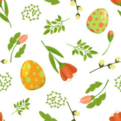 Floral seamless pattern with eggs, birds and stylized flowers. Endless texture for spring design, decoration, greeting cards, posters, invitations, advertisement.