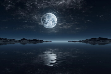 Naklejka na ściany i meble Beautiful full moon at night reflecting in a lake