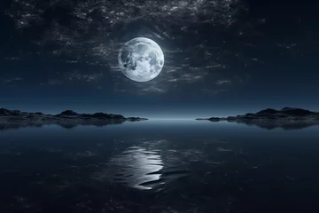 Cercles muraux Pleine Lune arbre Beautiful full moon at night reflecting in a lake