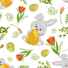Lovely hand drawn Easter seamless pattern with bunnies, eggs and flowers, great for banners, wallpapers, packaging, textiles - vector design