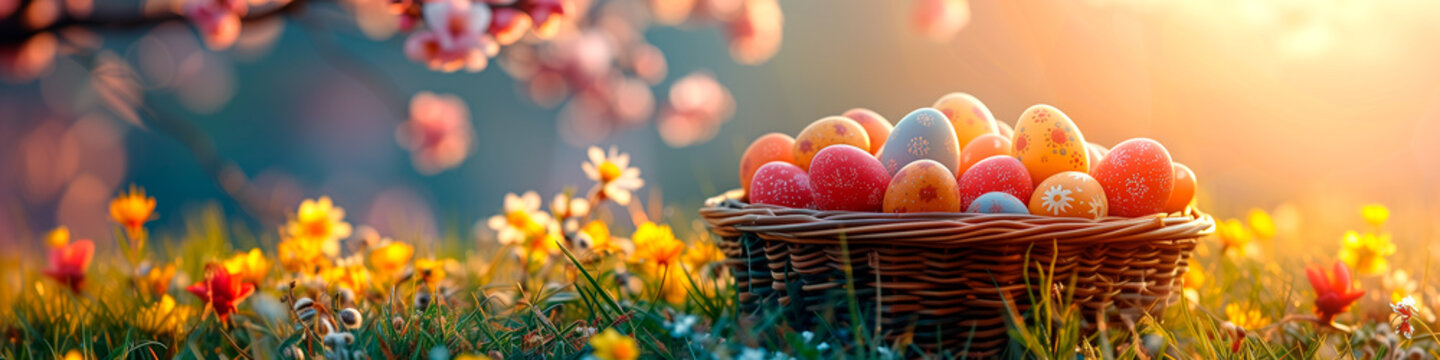 Easter background with basket and eggs. 
