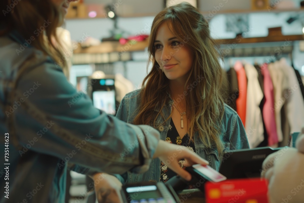 Poster a woman is shown paying for something at a store. this image can be used to illustrate consumerism a