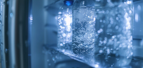 A close-up view of a refrigerator with water inside. This image can be used to depict hydration, refreshment, or household appliances