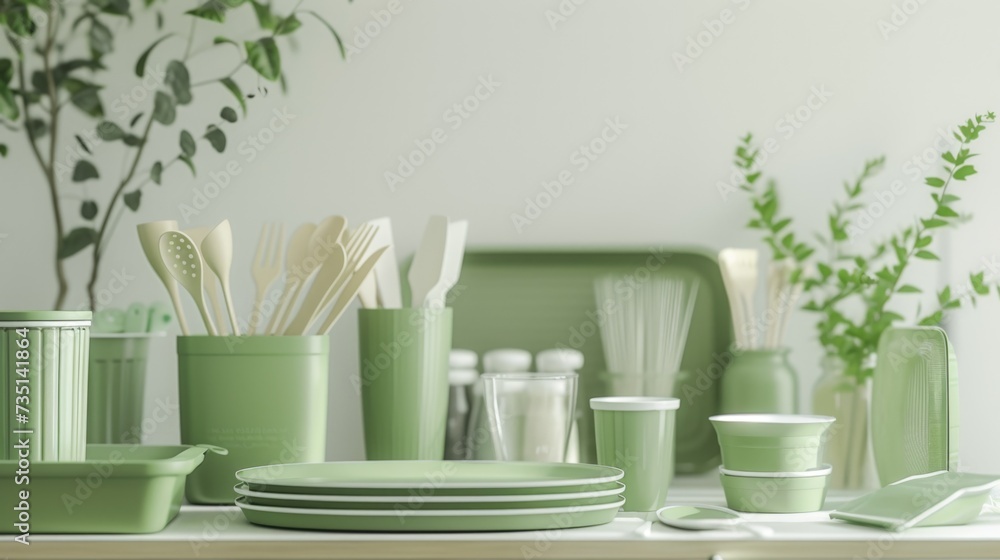Poster a picture featuring a table with green dishes and utensils. ideal for various dining and kitchen-rel