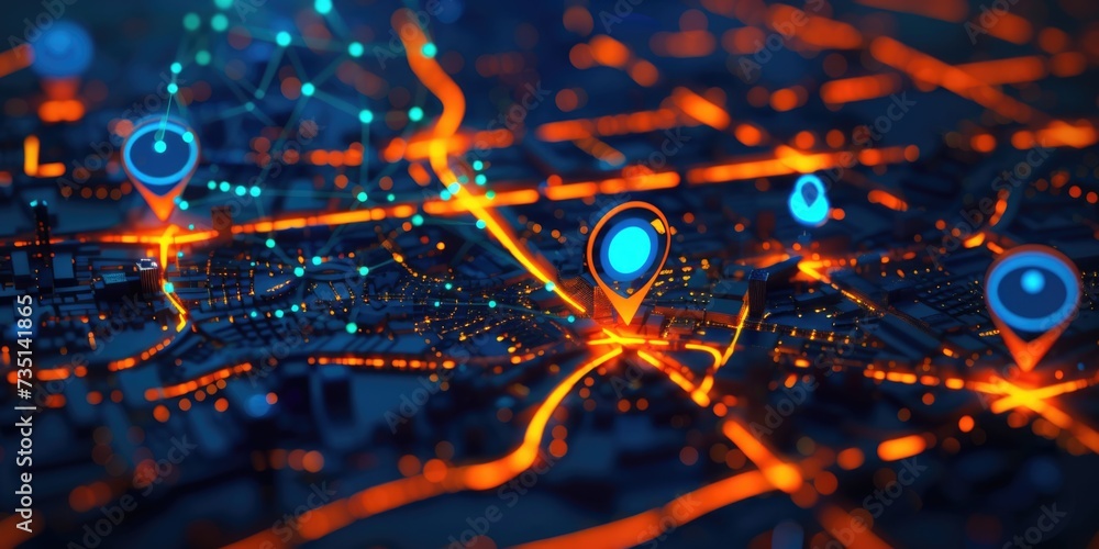 Poster a detailed close-up view of a city map with illuminated lights. ideal for urban planning, travel gui