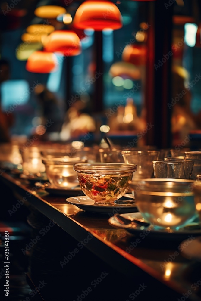 Poster cups and saucers neatly arranged on a table. suitable for various tableware or hospitality-themed pr