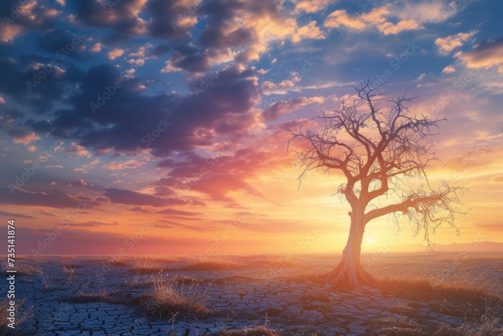 Poster a solitary tree stands tall in a desolate field as the sun sets, creating a breathtaking landscape. 
