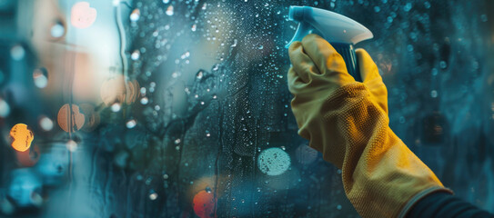 A person wearing yellow gloves cleaning a window. This image can be used to illustrate cleaning, household chores, or maintenance tasks - obrazy, fototapety, plakaty