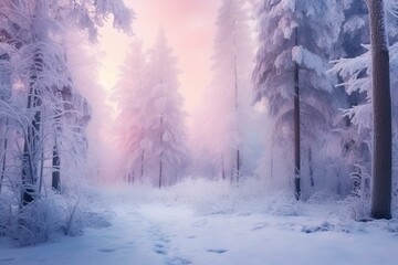 Winter forest landscape with pink and blue fog and snow-covered trees. Generative AI