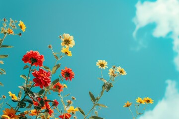 Colorful bunch of yellow and red flowers contrasting against a vibrant blue sky. Perfect for adding a pop of color to any project