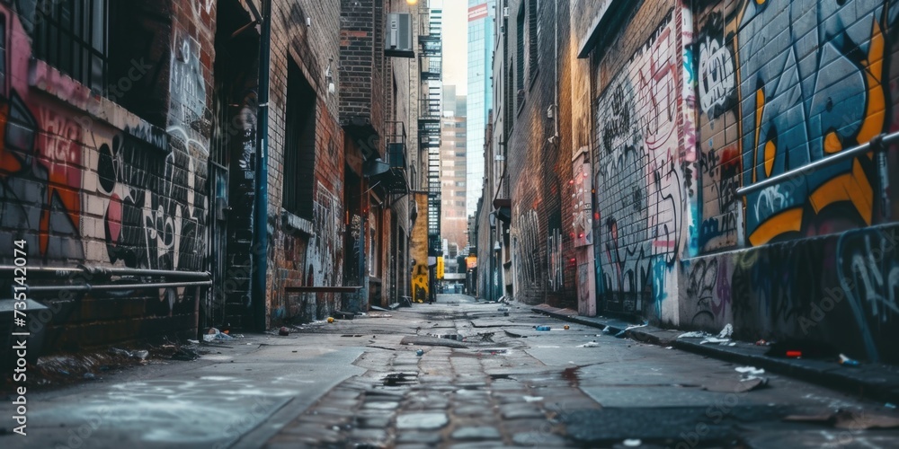Poster an image of a narrow alley with vibrant graffiti covering the walls. this picture can be used to dep