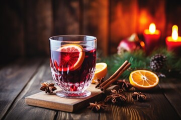 A glass of red wine garnished with fresh orange slices and a sprinkle of cinnamon. Perfect for cozy evenings and festive celebrations